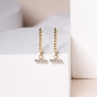 Grace Fine Jewelry ต่างหูห่วงทองแท้ 9K Tiny Ball With Straight  Charm White Sapphire Huggies