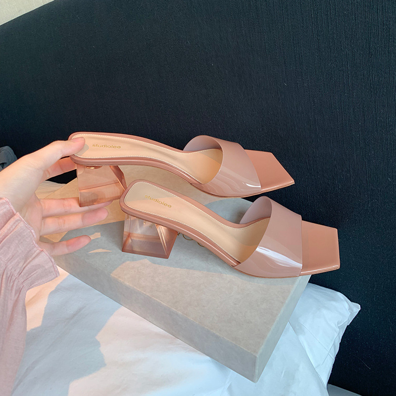 🌸พร้อมส่ง🌸รองเท้าส้นสูงแฟชั่นผู้หญิง รองเท้าแตะส้นสูงแบบใส เปิดนิ้วเท้าส้นหนาสีทึบ