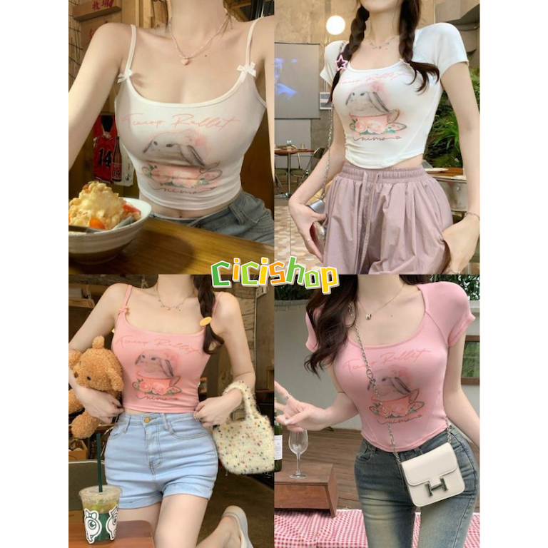 Cicishop(J601/J602) สายเดี่ยว/เสื้อครอป พิมพ์ลายกระต่ายน้อย สายเดี่ยวแต่งดีเทลโบว์ที่สายเสื้อสุดcute – โปรปัง