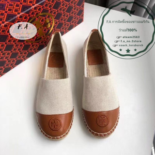 F.A ว่าแท้100% tory burch รองเท้าฟิชเชอร์แมนบล็อคสีสตรี หนังผ้าใบ นิ้วเท้ารอบ รองเท้าผู้หญิงแฟชั่นสบาย รองเท้าไม่มีส้น 0