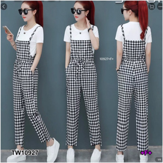 CS10927 Set 2 ชิ้น เสื้อยืด + เอี๊ยมจั้มสูทลายสก็อตขายาว Set 2 pieces. T-shirt + long-sleeved plaid jumpsuit.