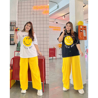 ชุดเซ็ทสาวอวบ PLUSSIZE  Smiley เสื้อยืดคอกลมแขนสั้น  สกรีนลาย GANNI SMILE HOTEL