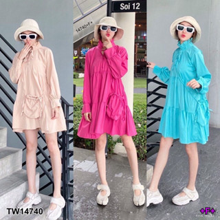 👗Pfashion [ส่งไวมาก🚛] P14740 เดรสสั้นแขนยาวคอระบาย+กระเป๋าหูรูด