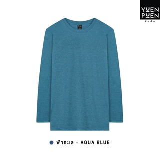 YuenPuen เสื้อยืด แขนยาว สีฟ้าทะเล ยืนพื้น ไม่ยืด ไม่ย้วย ไม่ต้องรีด สีพื้น เนื้อผ้านุ่มใส่สบาย