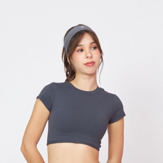 [Peaches active] Soft flex Tshirt bra (Dawn) - เสื้อแขนสั้นเทาดำ / เสื้อออกกำลังกาย เสื้อผ้าโยคะ เล่นกีฬา