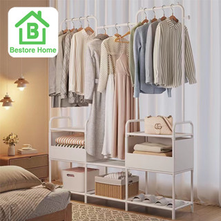 Bestore Home ราวแขวนเสื้อ โครงเหล็ก เเบบเเถว3เเถว มีชั้นวางของตะขอเเขวนกระเป๋า หมวก ใช้ในคอนโด ประหยัดพื้นที่