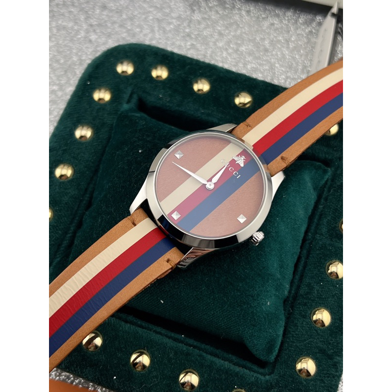New Gucci - G ⌚️Timeless Web Striped Leather Watch Unisex 👫- Light Brown