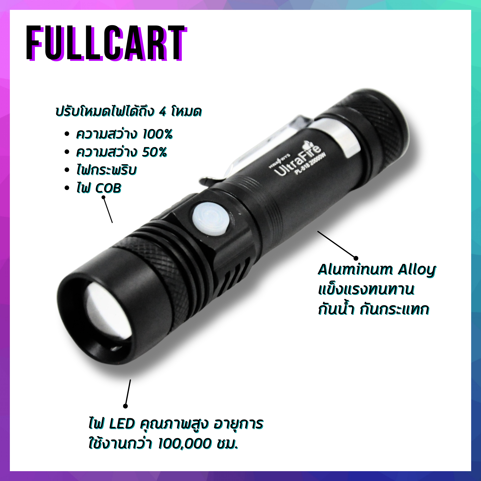 ไฟฉายแรงสูง รุ่นPL-518 ไฟสว่าง แข็งแรงทนทาน กันน้ำ ไฟ LED 3 โหมด พร้อมโหมดไฟกระพริบ ซูมได้ แบตอึดทน by FullCart รูปที่ 6
