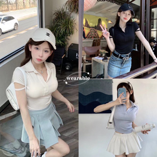 พร้อมส่ง | 𝐖𝐆.𝐖𝐄🇰🇷 เสื้อครอปโปโลตัดผ้าช่วงแขน