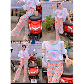 🧸เซต2ชิ้นงานกระแสน่ารักมากๆคิ้วท์สุดๆเสื้อยืดคอกลมสกรีนลายลูกเล่นตัดสีคอและแขน มาคู่กับกางเกงเอวยางยืดผ้าอัดพลีทพิมพ์ลาย