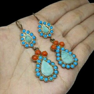 ต่างหู หินเทอร์ควอยส์ และ หินปะการัง แฮนเมด Afghan Turquoise &amp; Coral Earrings Dangle Jewelry Gemstone Handmade