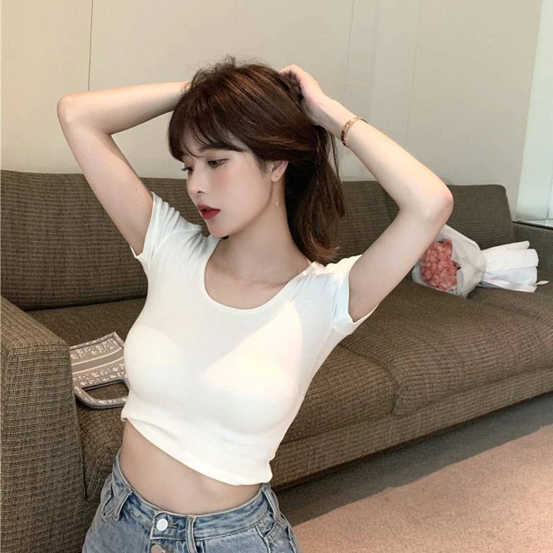 เสื้อครอปคอกลมแขนสั้น เอวลอย (ผ้าคอตตอน) เสื้อครอป เอวลอย มีเก็บเงินปลายทาง‼️