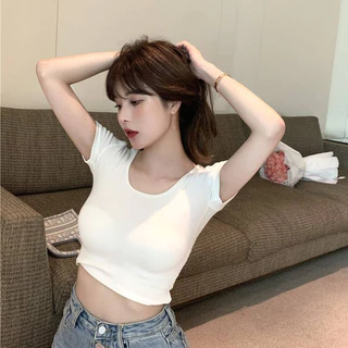 เสื้อครอปคอกลมแขนสั้น เอวลอย (ผ้าคอตตอน) เสื้อครอป เอวลอย มีเก็บเงินปลายทาง‼️