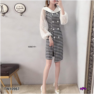 CS10967 เดรสลายสก็อตแขนลูกไม้ Plaid dress with lace sleeves