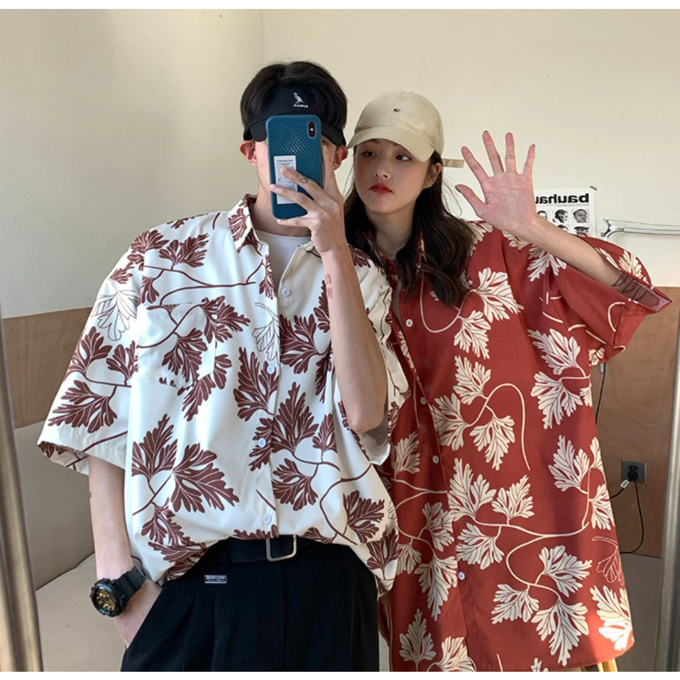 เสื้อเชิ้ตแขนสั้น สไตล์เกาหลี ลายดอกสีแดง ยูนิเซ็กส์