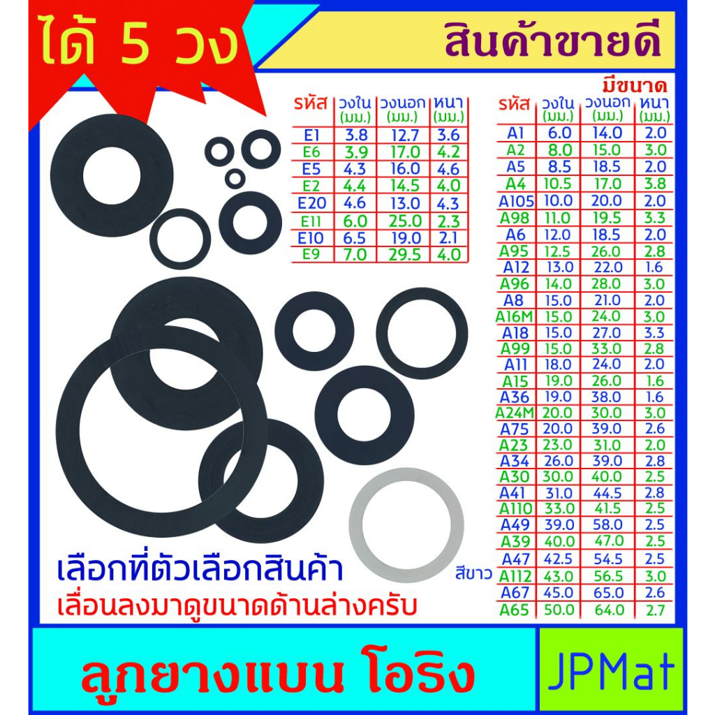 5 วง ลูกยางแบน โอริง มีหลายขนาดให้เลือก สำหรับงานกันน้ำซึม งาน DIY ต่างๆ ต้องการสินค้าอื่นกดดูในร้านเลยครับ