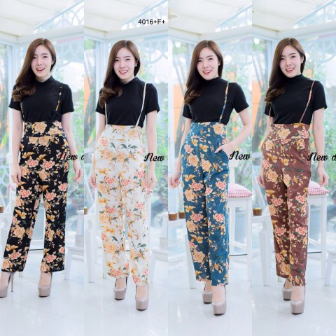 CS4016 Set 2 ชิ้น เสื้อคอเต๋า+เอี้ยมเอวสูงขายาวลายดอกคอตอล Set 2 pieceturte neck shirt + high waist 