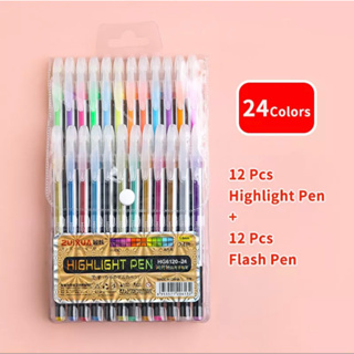 HG6120นีออนสีโลหะเจลปากกา24สี12 ปากกาแฟลช+12ปากกาเน้นข้อความ สันนักเรียนเจลปากกาลายเซ็นสำหรับสาวเขียนมือวาดเครื่องเขียน