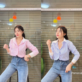 เสื้อเชิตครอปลายริ้วคอปก พร้อมส่ง 👇👇