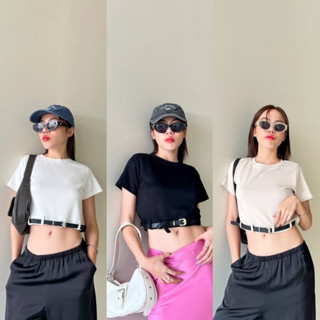 Nudeaholic 💚💙 basic crop top +belt  เสื้อครอปคอกลม ดีเทลบ่าเสริมฟองน้ำ