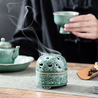 Yue Kiln Handmade Celadon Incense Furnace  Chinese Retro Style Zen Tripod Incense Furnace Tea Ceremony Ornament