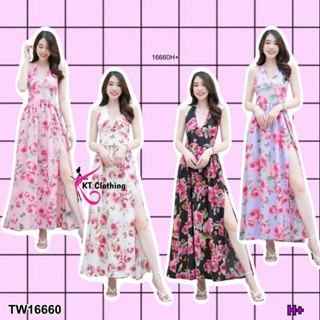 Maxi Dress เดรสยาว งานผ่าหน้า ผัาไหมอิตาลี่ลายดอก เอวสม้อคสายผูกคอ เดรสสวยหวาน  AP16660