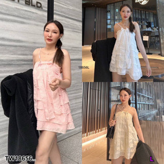 J18656 เดรสสั้น แต่งระบายชั้นๆทั้งชุด แต่งผูกโบว์หางยาวด้านหน้า Short dress with layered ruffles long bow tie in front