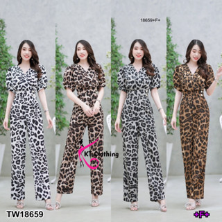 J18659 Jumpsuit จั๊มสูทขายาว จีบอกลายเสือ Long jumpsuit with chest pleats, leopard print