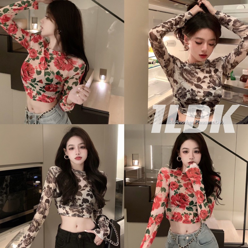 1LDK พร้อมส่ง เสื้อซีทรู แขนยาวคอกลม ลายดอก เสื้อครอปรัดรูป เซ็กซี่(8J)