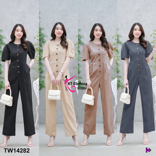 MF14282 Jumpsuit จั๊มสูทขายาว คอกลมกระดุมหน้า แขนสั้น