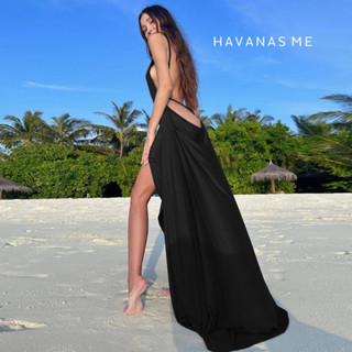 Havanas me maxidress long black เดรสสายเดี่ยวยาวสีดำ โชว์หลัง ยาวลง ใส่แมทช์กับ bikini sexyมาก เดรสผ่าหน้า ไปทะเล