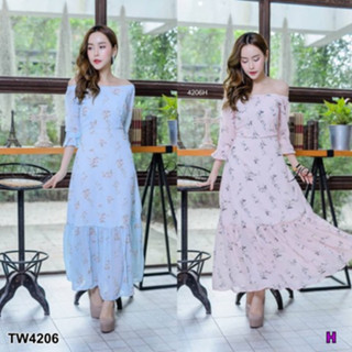 CS4206 	แม็กซี่เดรสปาดไหล่ ลายดอก off the shoulder floral maxi dress