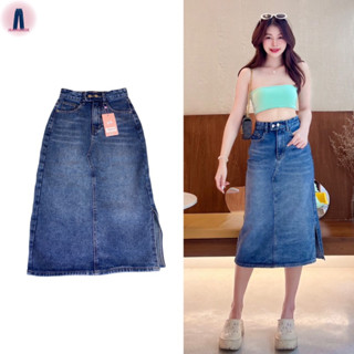 Jsara jeans กระโปรงยีนส์ยาวเอวสูงสองกระดุมผ่าข้างสีเข้มฟอกสไตล์เกาหลี y2k #21352 jeansdede