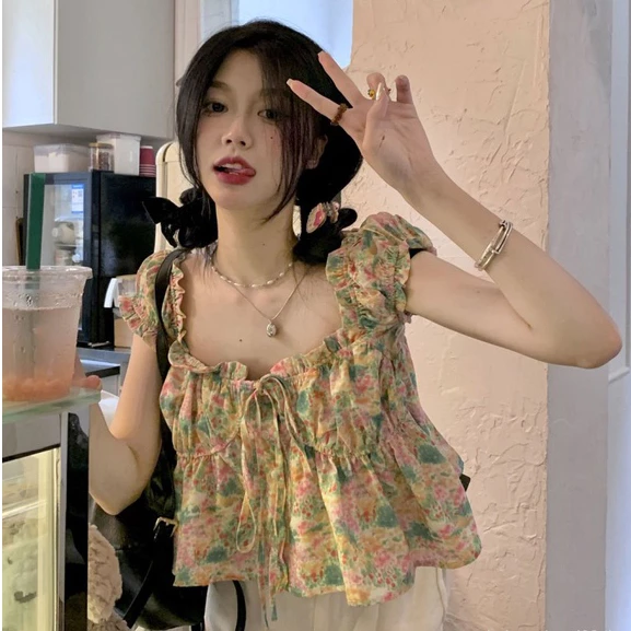 เสื้อเบลาส์แขนพองลายดอกไม้ คอสี่เหลี่ยมผูกโบว์ SL6226 thumbnail 4