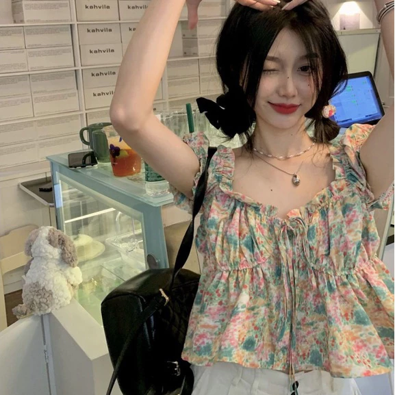 เสื้อเบลาส์แขนพองลายดอกไม้ คอสี่เหลี่ยมผูกโบว์ SL6226 thumbnail 6