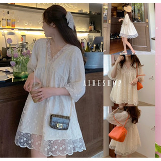 Dress เดรสลูกไม้ แขนพองๆ สีครีม มีซับใน สินค้าตามแบบ