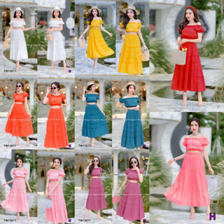 MM13071 Set 2 ชิ้น เสื้อครอปคอกว้าง + กระโปรงยาว Set of 2 pieces, wide neck crop top + long skirt.Set of 2 pieces, wide