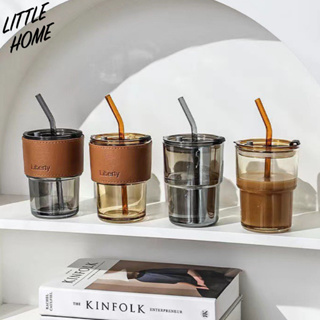 LITTLE HOME INS-58 แก้วน้ำ แก้วกาแฟ พร้อม ปลอกหนัง หลอด และ ฝาปิด ขนาด 400ml (T)