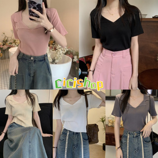Cicishop(6960-1) เสื้อไหมพรมแขนสั้น คอปก/คอกว้าง ใส่สบายม๊ากก