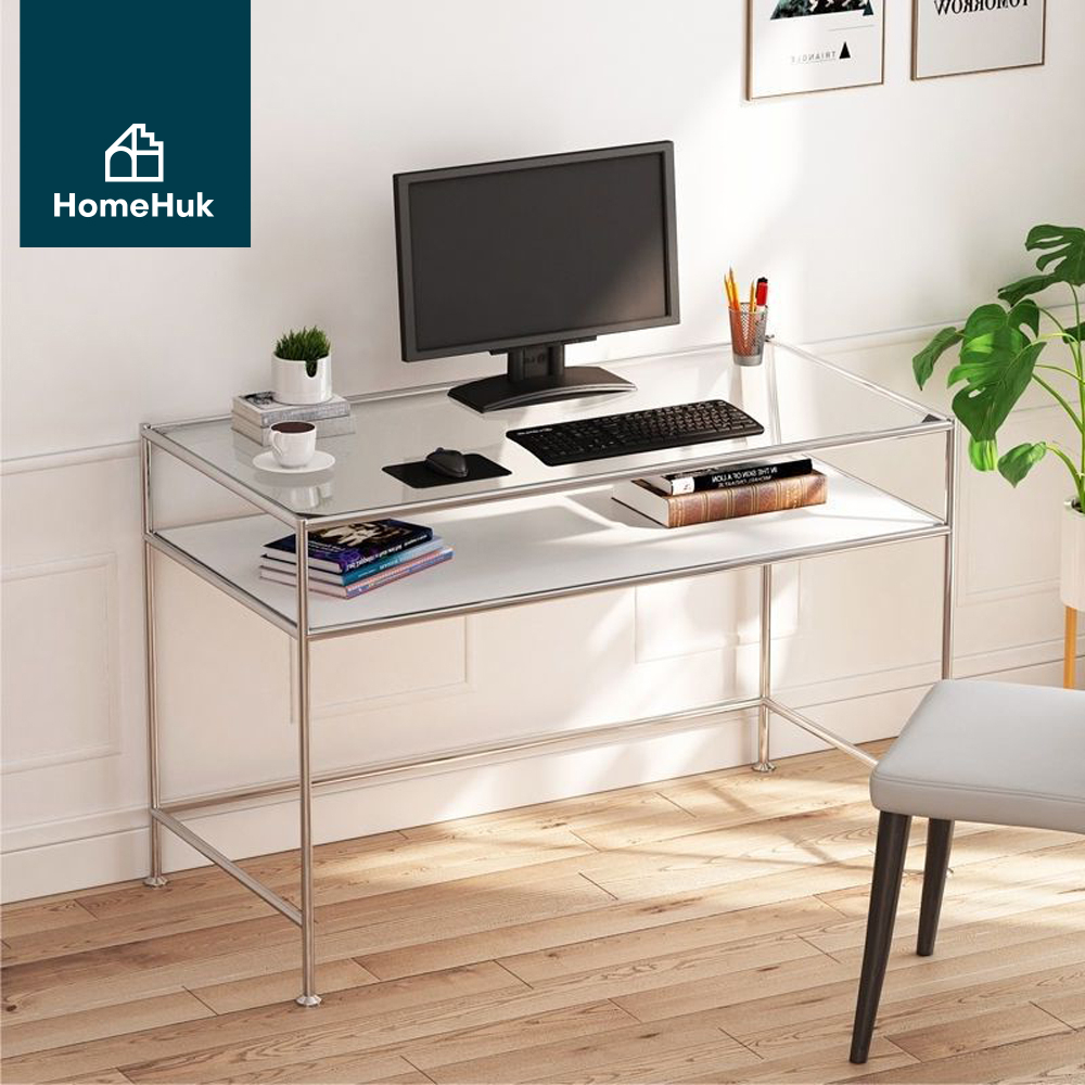HomeHuk โต๊ะทำงาน ท็อปกระจก พร้อมชั้นวาง 120x60x80 cm โต๊ะ มินิมอล รับน้ำหนัก 100 kg Glass Table with Drawer