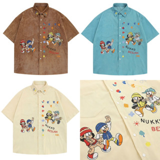 NUKKD shirt เสื้อเชิ้ตแขนสั้นผ้าลูกฟูกทรงโอเวอร์ไซส์