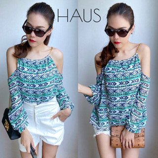 เสื้อชีฟองแขนยาวสายโซ่แบบเปิดหัวไหล่ ผ้าชีฟองพิมพ์ลาย เนื้อผ…