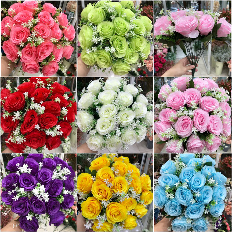 กุหลาบช่อบูเก้18ดอก ตกแต่งด้วยตัวแต่งสีขาว กุหลาบปลอม กุหลาบผ้า ดอกกุหลาบ กุหลาบสีฟ้า กุหลาบสีม่วง กุหลาบสีเขียว