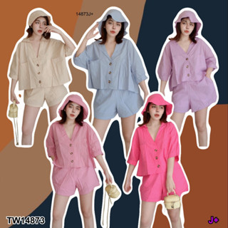 TwinsShopVip💗พร้อมส่ง  TW14873 Set 3 ชิ้น เสื้อคอปกกระดุมหน้า+กางเกงขาสั้น+หมวกบัคเกต