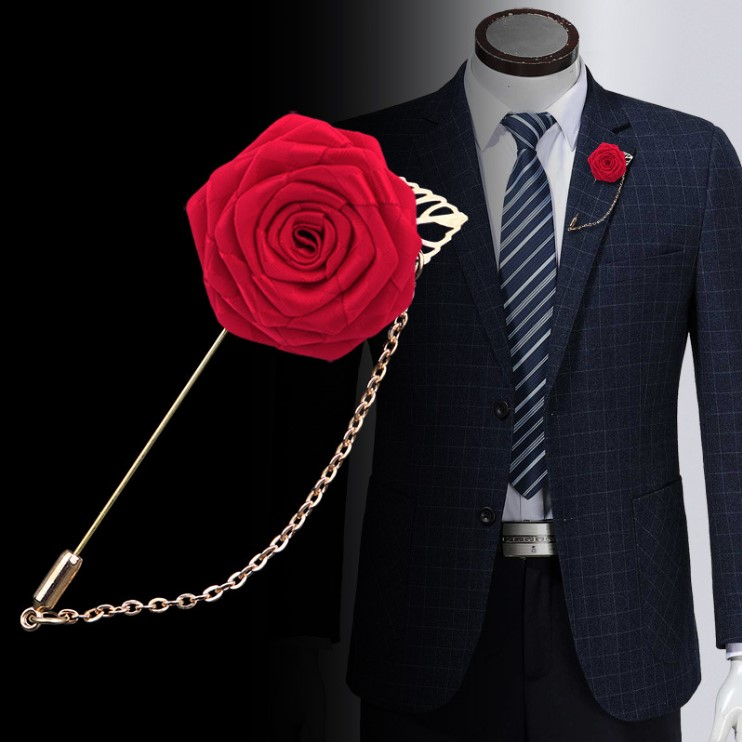 เข็มกลัด รูปดอกไม้ สําหรับติดเสื้อสูท งานแต่งงาน Men's Suit Rose Flower Brooches Canvas Fabric Ribbon Tie Lapel Pin