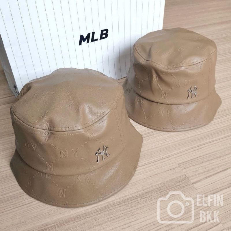 แท้ 💯 MLB Dia Monogram Embo PU Bucket Hat หมวกบักเก็ต หมวกปีก หมวกหนัง สีเบจ สีน้ำตาล