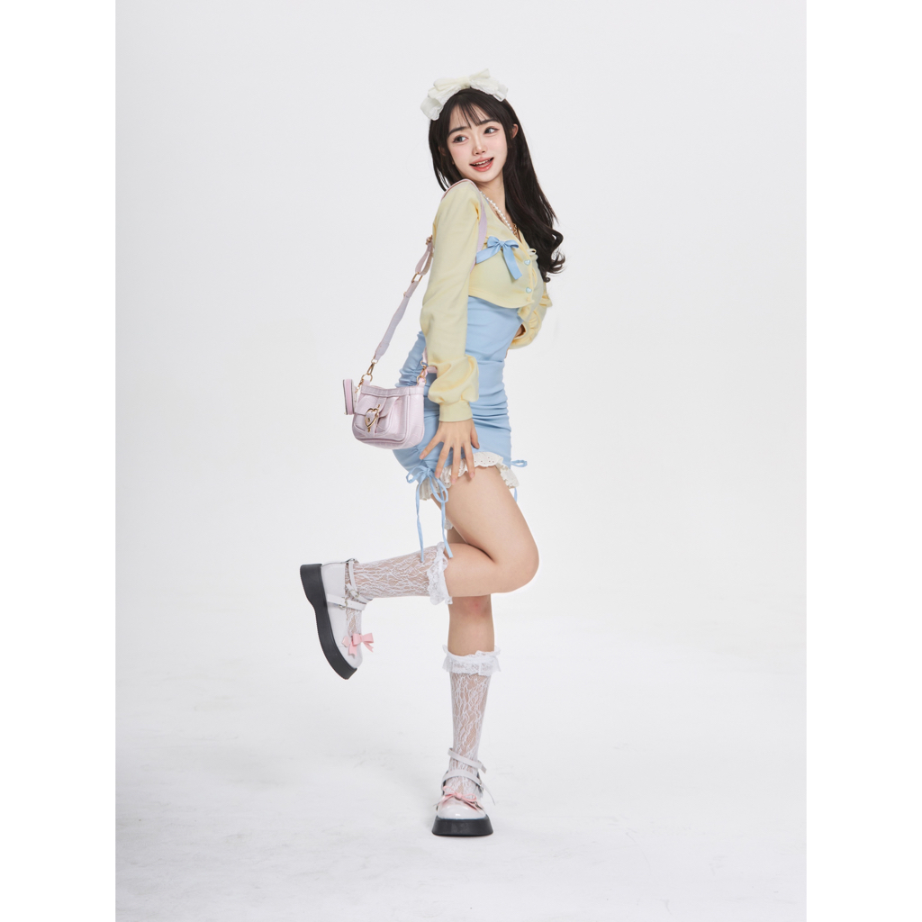 Fairy🍒ชุดเซ็ทเสื้อสายเดี่ยว กระโ กระโปรงฮิป เสื้อคาร์ดิแกน 2 ชิ้น สไตล์หวานใสน่ารัก - รูปที่ 7