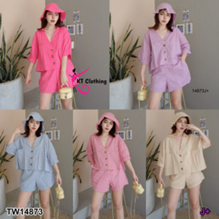 B14873 Set 3 ชิ้น เสื้อคอปกกระดุมหน้า+กางเกงขาสั้น+หมวกบัคเกต Set 3 pieces: shirt with front button collar + shorts + bu