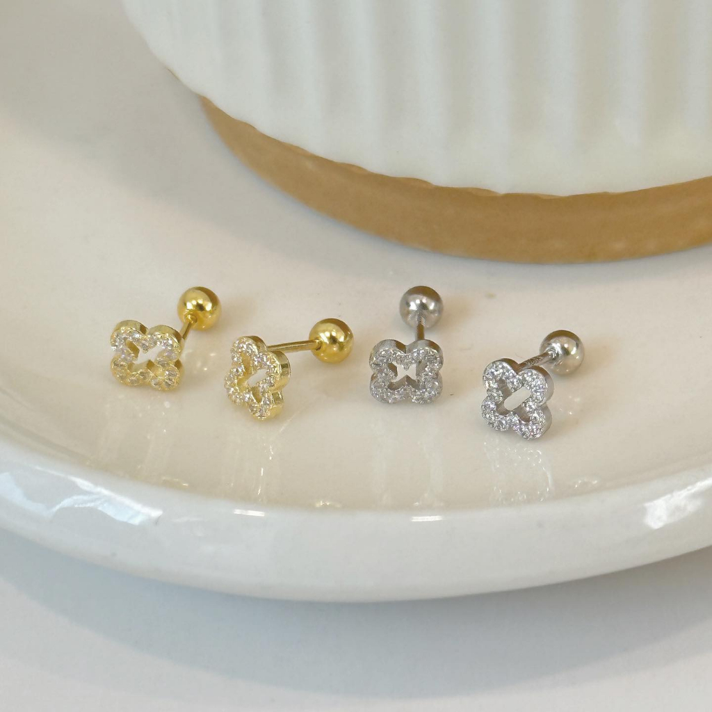 Suwann.na ต่างหู ต่างหูเงินแท้ จิว จิวเงินแท้ จิวโคลเวอร์เพชร เงิน, ทอง