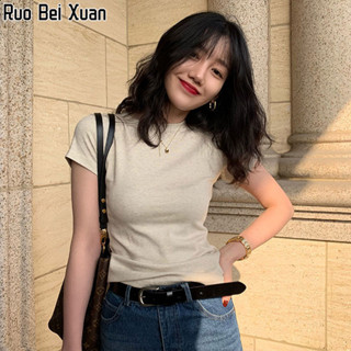RUO BEI XUAN เสื้อยืด ผ้าฝ้ายแท้ ทรงสลิมฟิต สีขาว